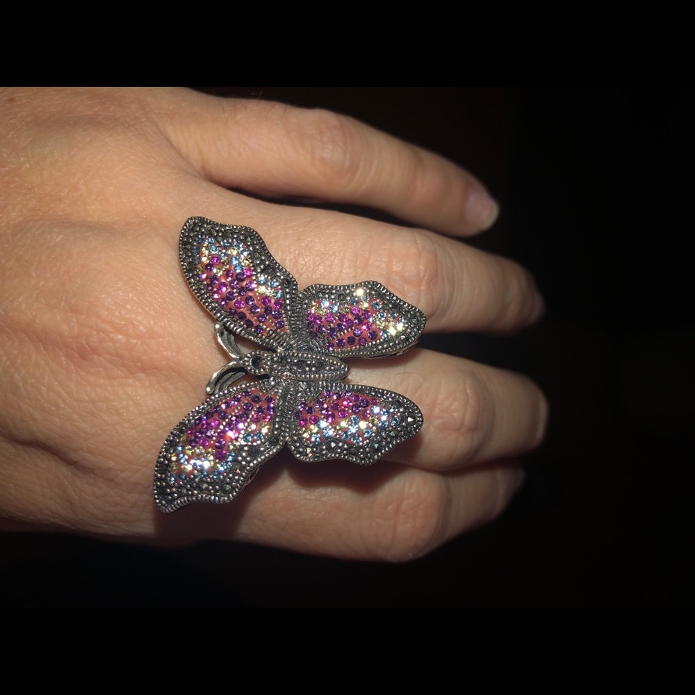 Sterling, marcasite & crystal butterfly ring